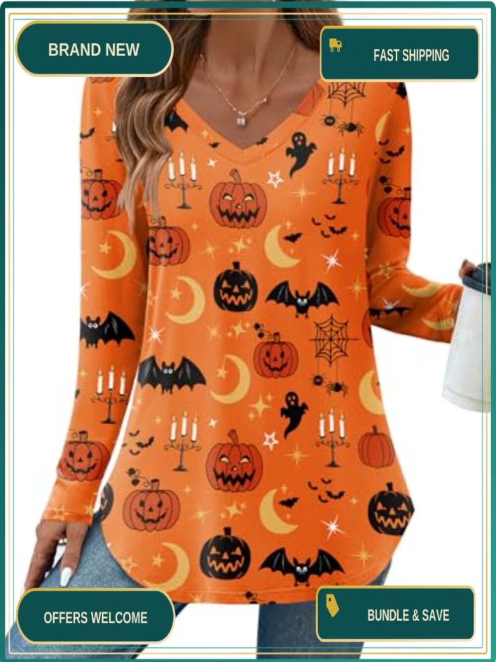 Women's Long Sleeve V-Neck Tunic Top Loose Fit Curved Hem Fall Winter Casual
